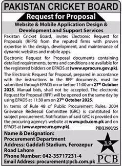 Pakistan Cricket Board Lahore Tender Notice